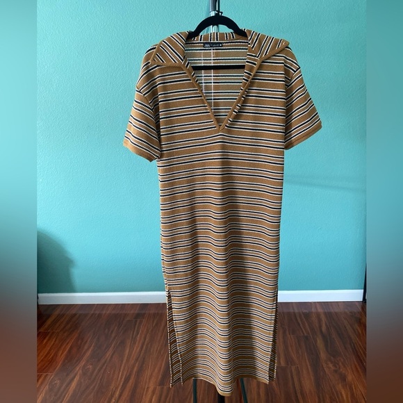 ZARA Collared Mustard Yellow '70s Style Retro Knit Striped Midi Knit Dress (W-3) - Picture 3 of 7